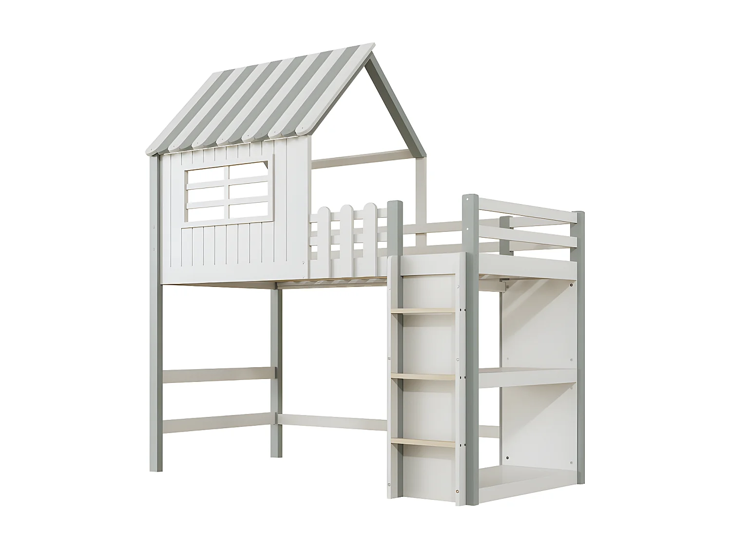 Hochbett Hausbett Kinderbett 90x200cm mit Sicherheitsleiter und Ablagefach – Weiß