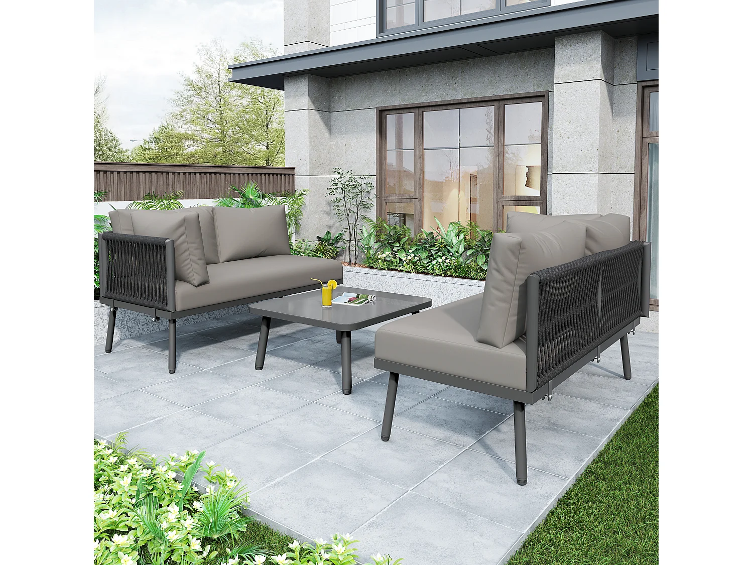 Smeedijzeren tuinmeubel - 4 zitplaatsen - buitenhoekbank met kussens - 2 zitbanken en 1 salontafel - versierd met gevlochten touw - Grijs