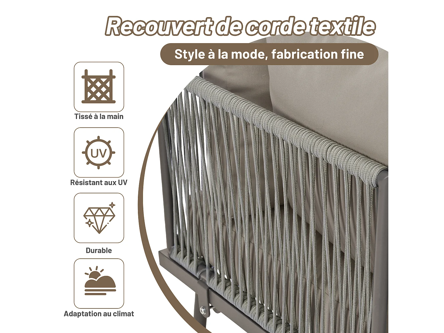 Smeedijzeren tuinmeubel - 4 zitplaatsen - buitenhoekbank met kussens - 2 zitbanken en 1 salontafel - versierd met gevlochten touw - Grijs