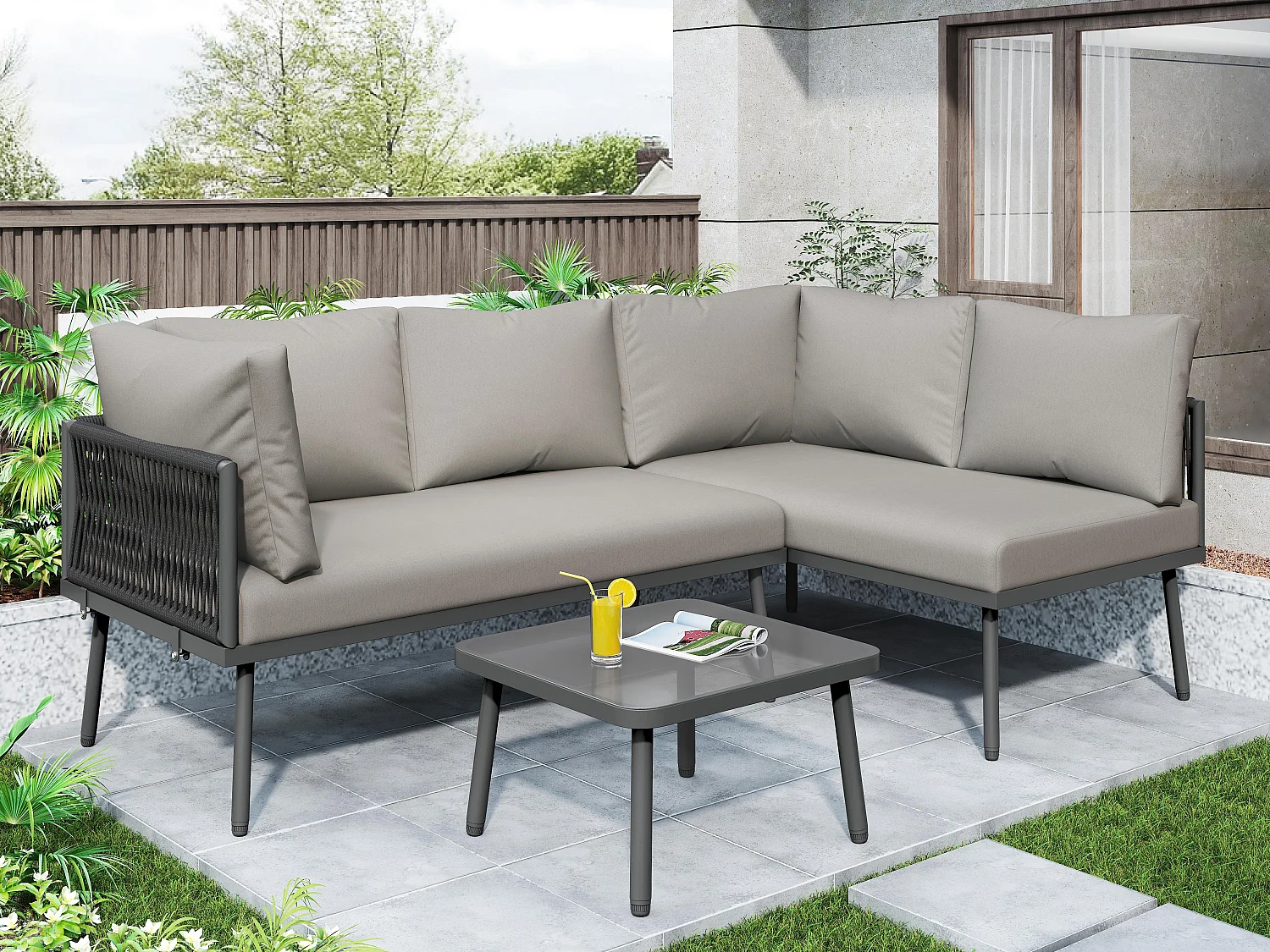 Schmiedeeiserne Gartenmöbel – 4 Sitze – Ecksofa für den Außenbereich mit Kissen – 2 Sofas und 1 Couchtisch – dekoriert mit geflochtenem Seil – Grau