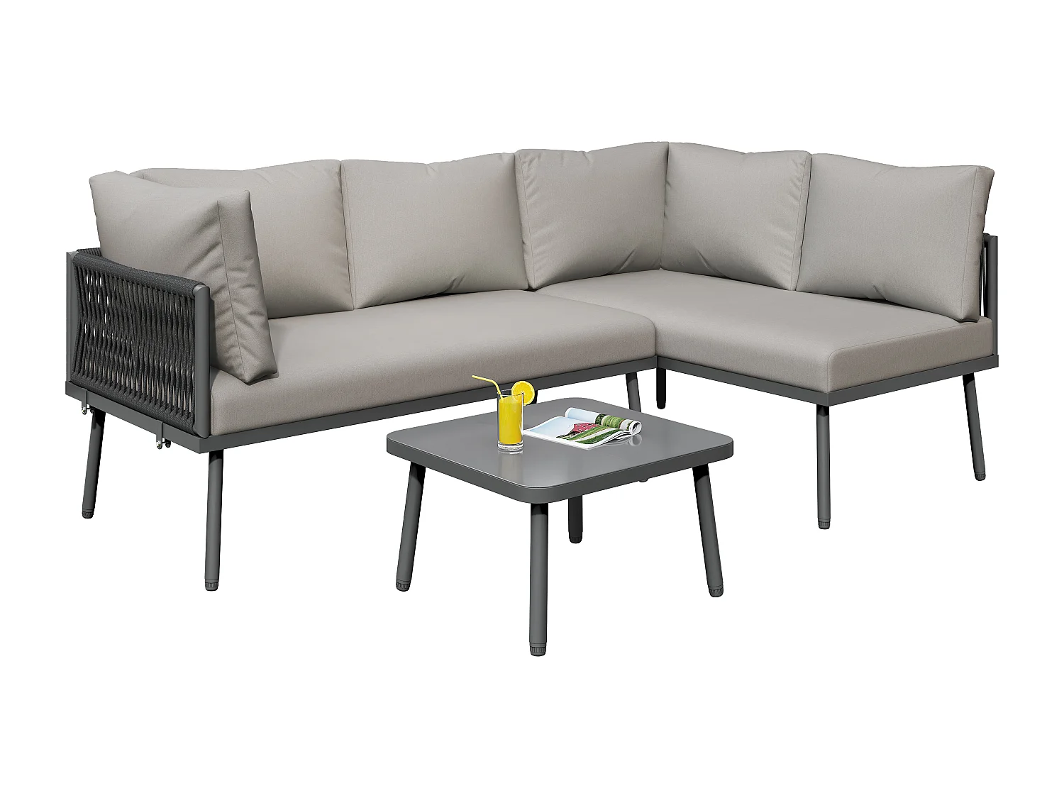 Schmiedeeiserne Gartenmöbel – 4 Sitze – Ecksofa für den Außenbereich mit Kissen – 2 Sofas und 1 Couchtisch – dekoriert mit geflochtenem Seil – Grau