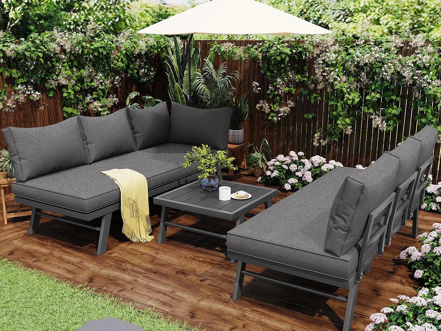 Salon de jardin en Aluminium - 6 places - 2 canapés et 1 table basse - Gris