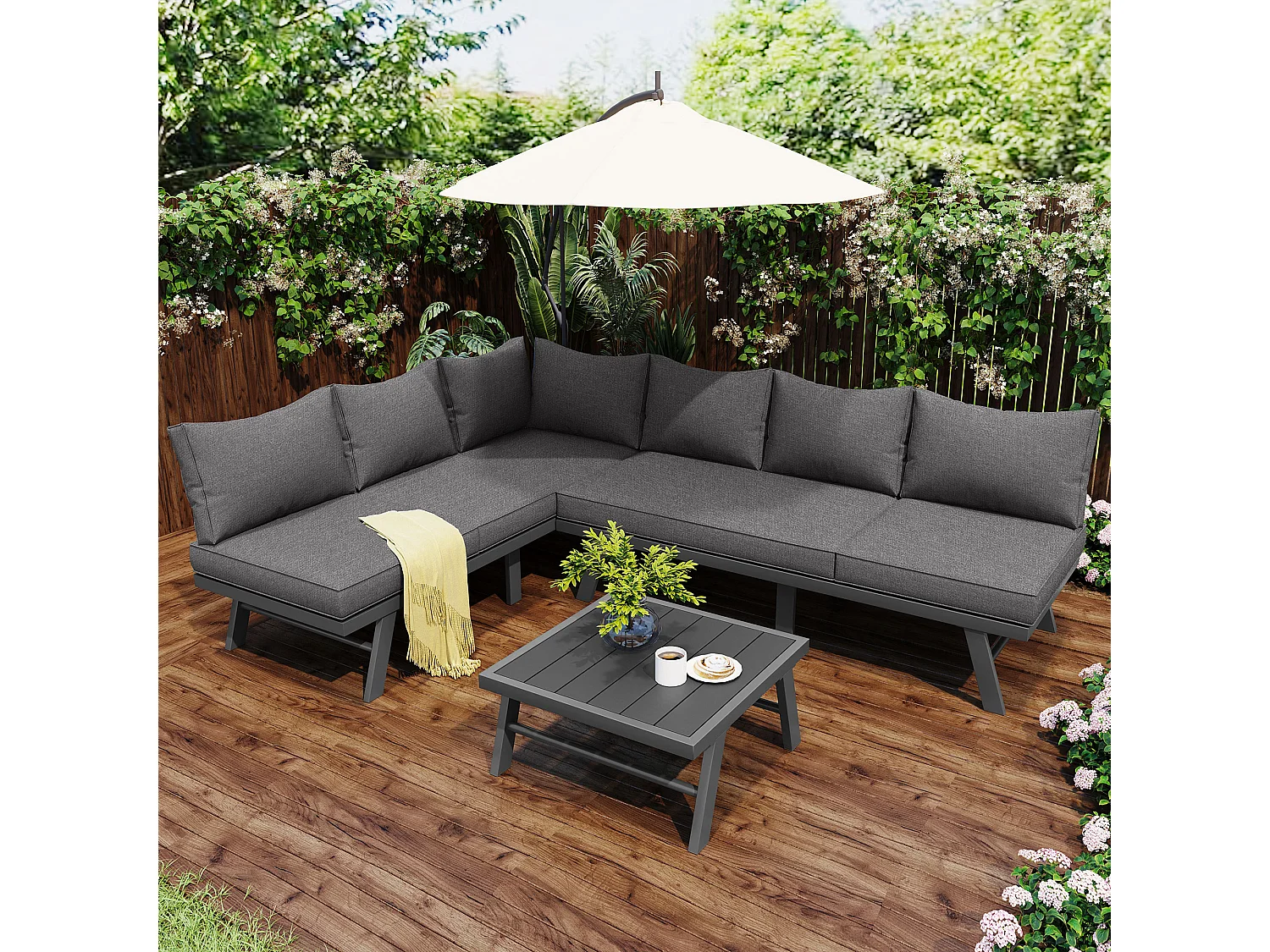 Salon de jardin en Aluminium - 6 places - 2 canapés et 1 table basse - Gris