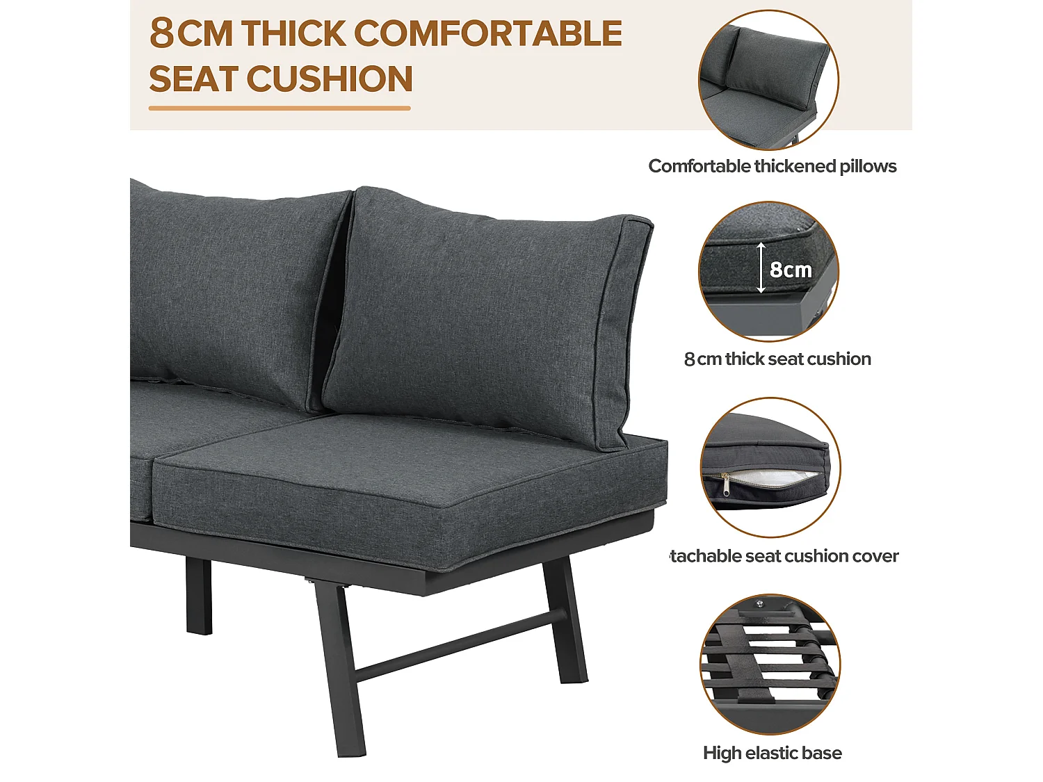 Salon de jardin en Aluminium - 6 places - 2 canapés et 1 table basse - Gris