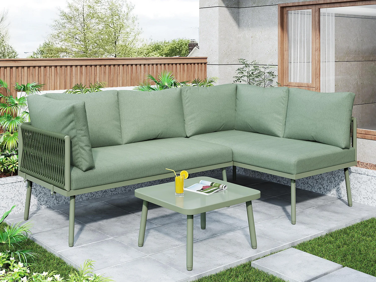 Smeedijzeren tuinmeubel - 4 zitplaatsen - buitenhoekbank met kussens - 2 zitbanken en 1 salontafel - versierd met gevlochten touw - Groen