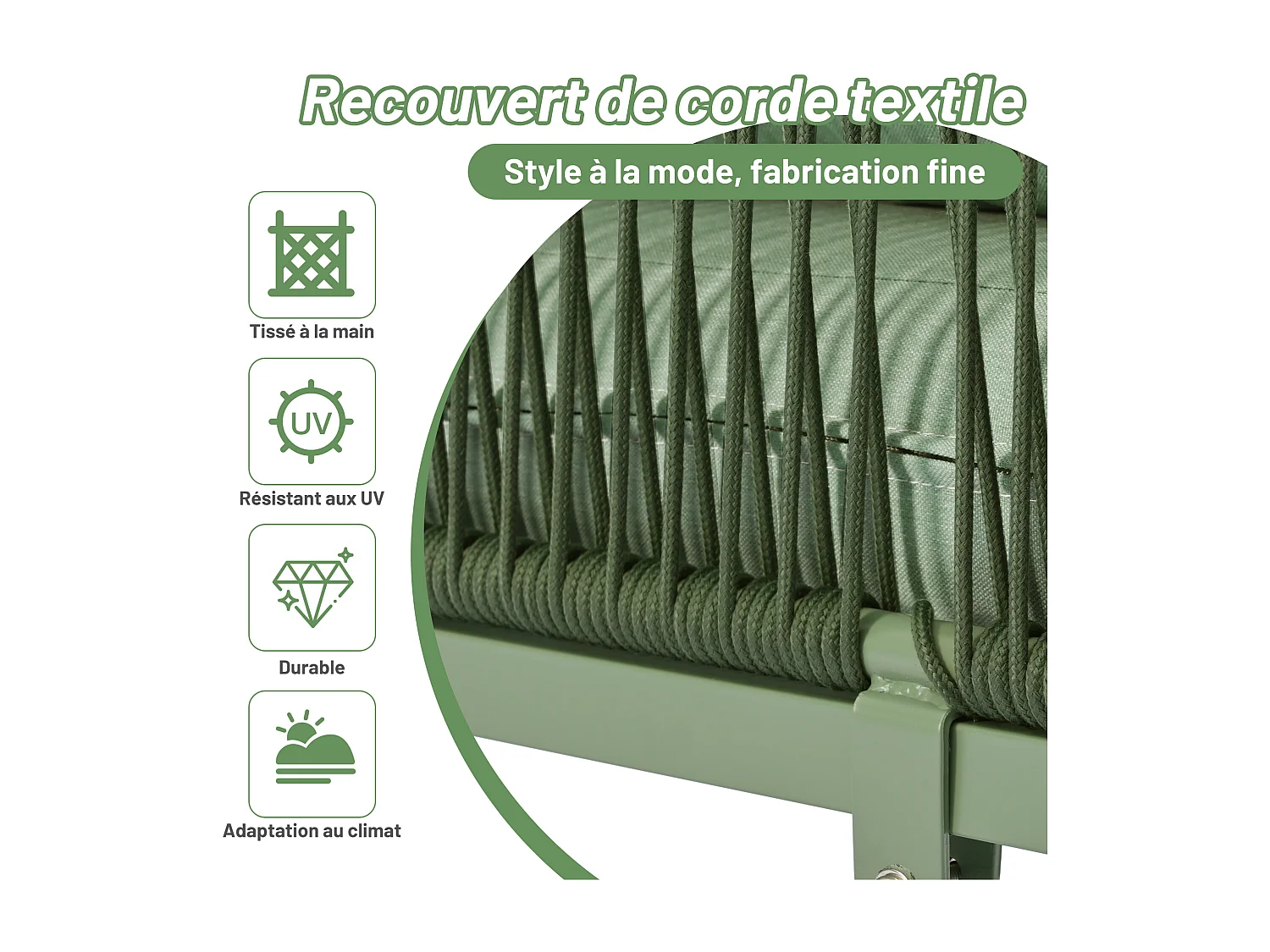 Smeedijzeren tuinmeubel - 4 zitplaatsen - buitenhoekbank met kussens - 2 zitbanken en 1 salontafel - versierd met gevlochten touw - Groen