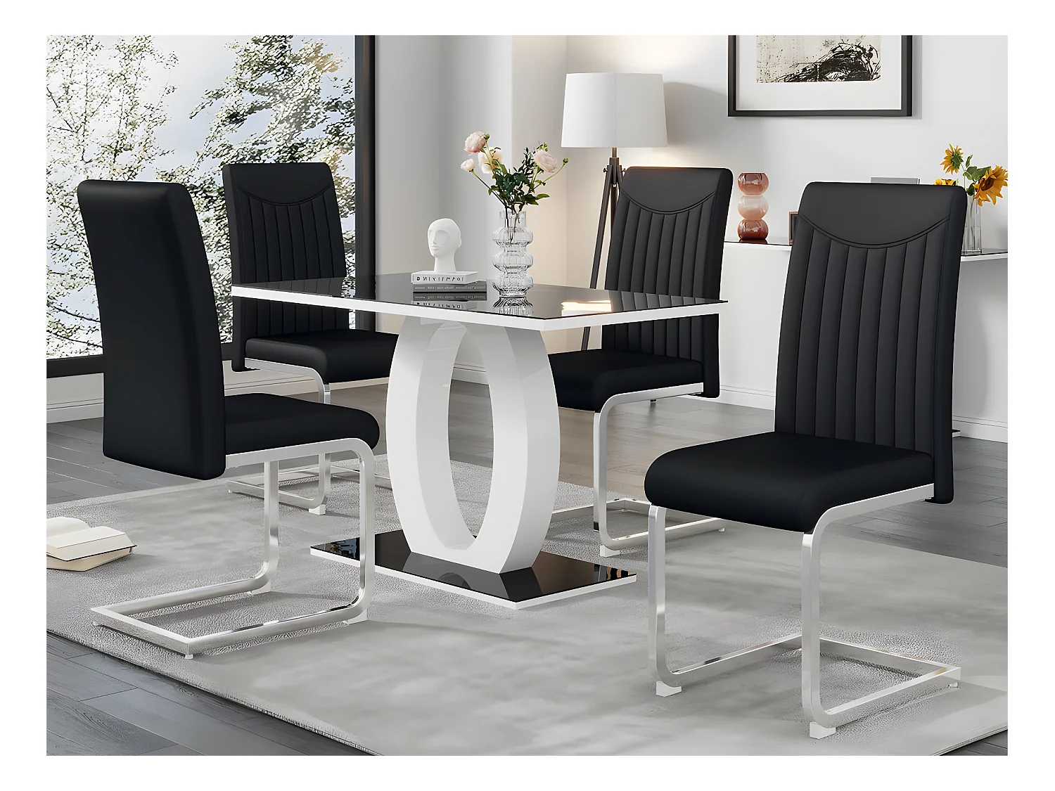 Lot de 4 Chaises cantilever - structure en métal chromé - rembourrées en similicuir - décoration rayée - Noir