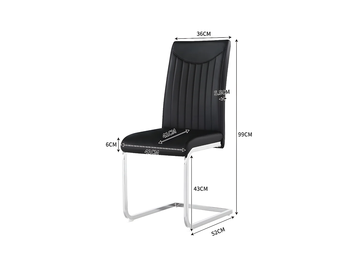 Lot de 4 Chaises cantilever - structure en métal chromé - rembourrées en similicuir - décoration rayée - Noir
