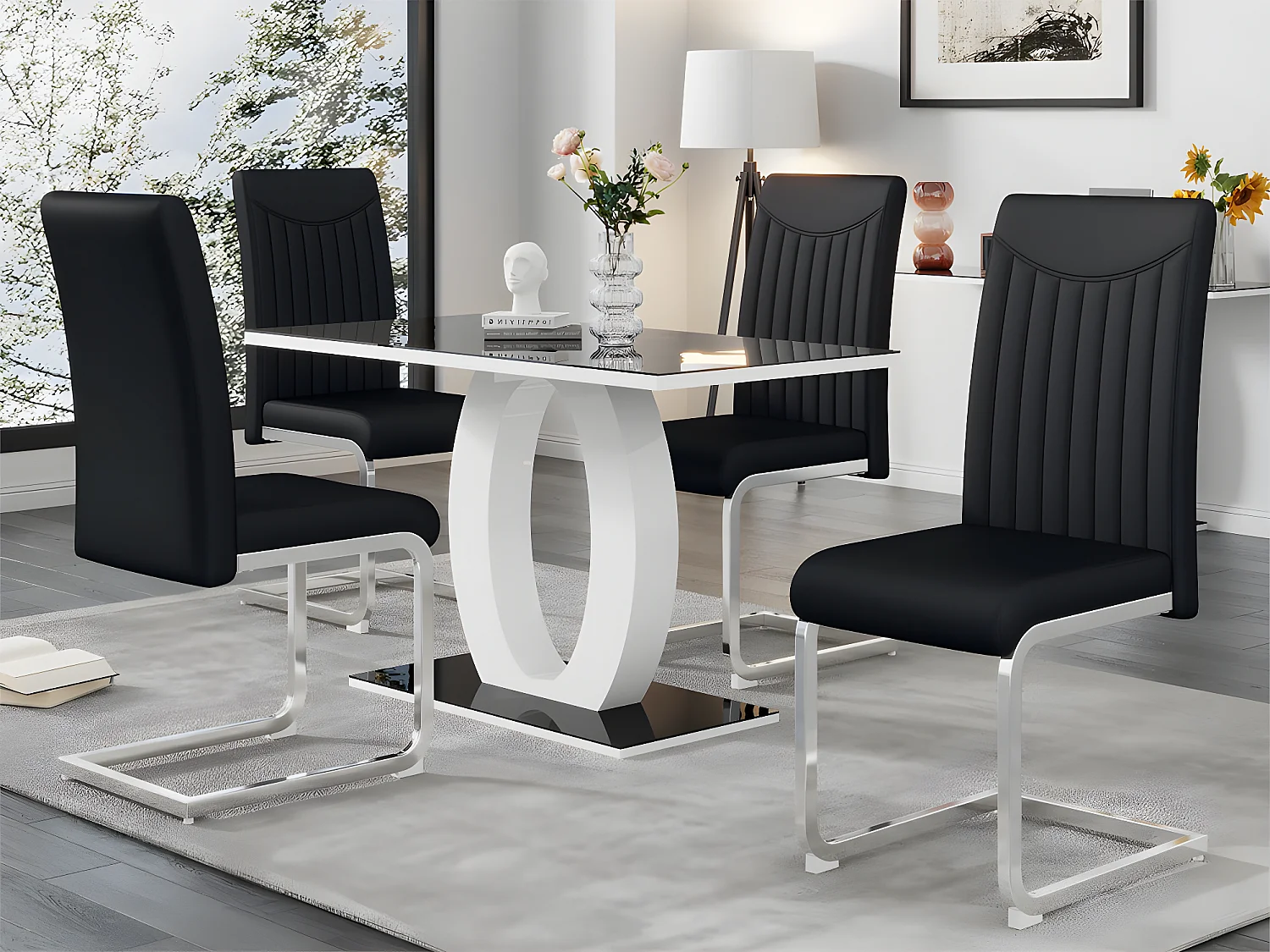 Lot de 4 Chaises cantilever - structure en métal chromé - rembourrées en similicuir - décoration rayée - Noir