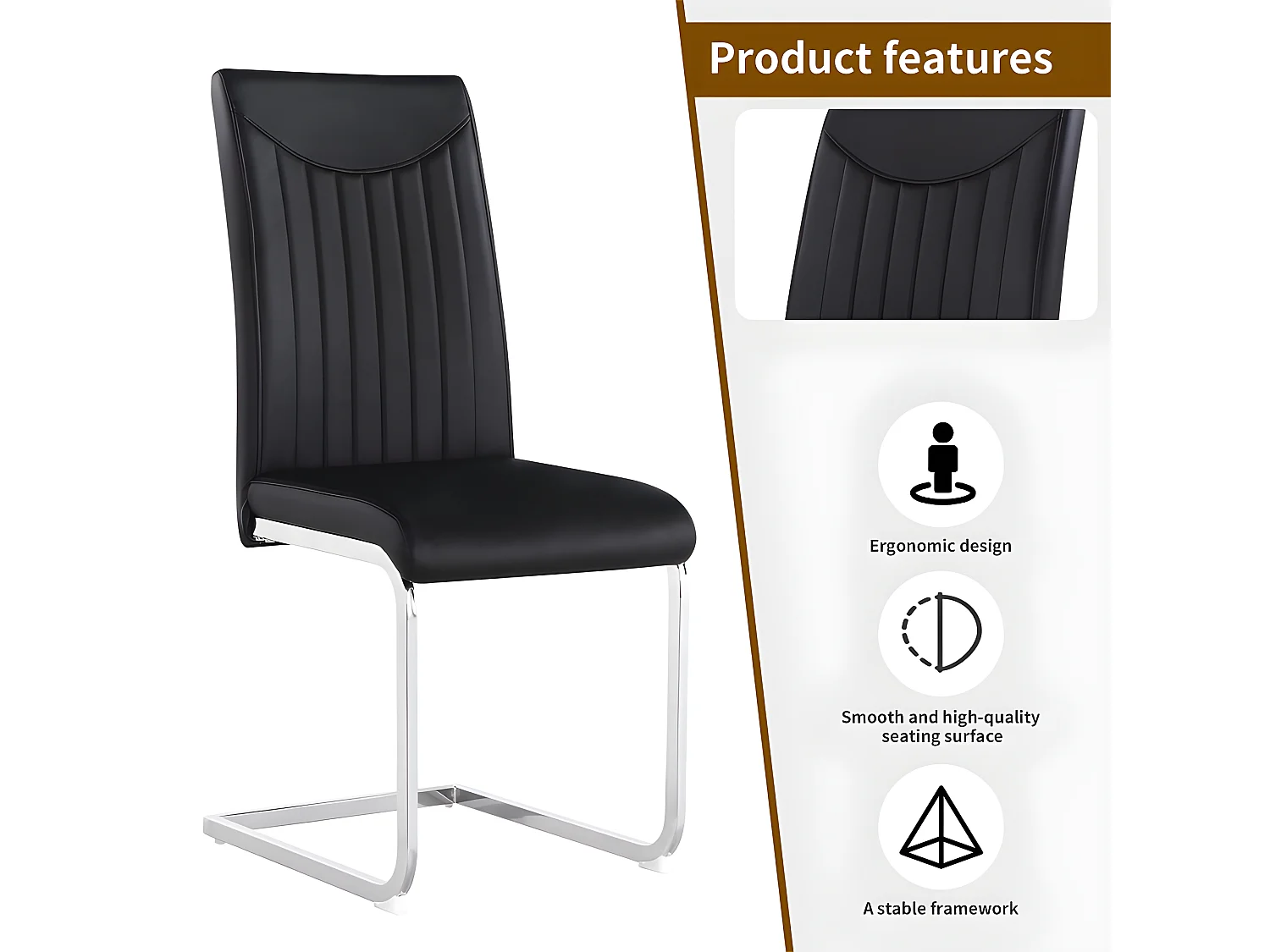 Lot de 4 Chaises cantilever - structure en métal chromé - rembourrées en similicuir - décoration rayée - Noir