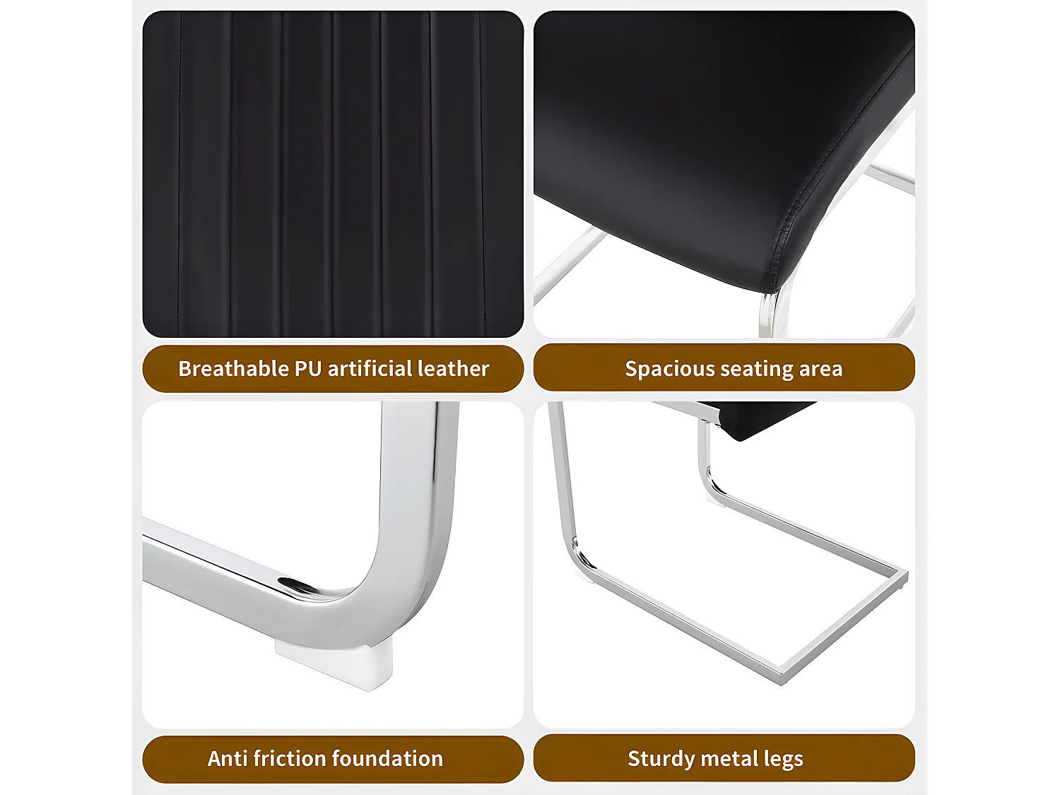 Lot de 4 Chaises cantilever - structure en métal chromé - rembourrées en similicuir - décoration rayée - Noir