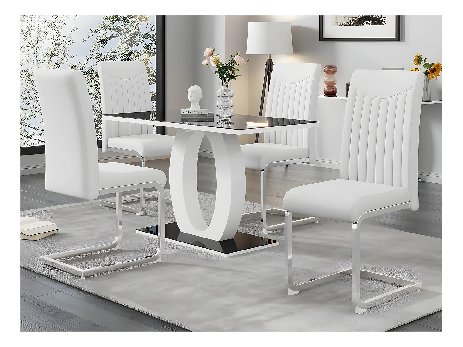 Set van 4 sledestoelen - chroom metalen structuur - bekleed met kunstleer - gestreepte decoratie - Wit
