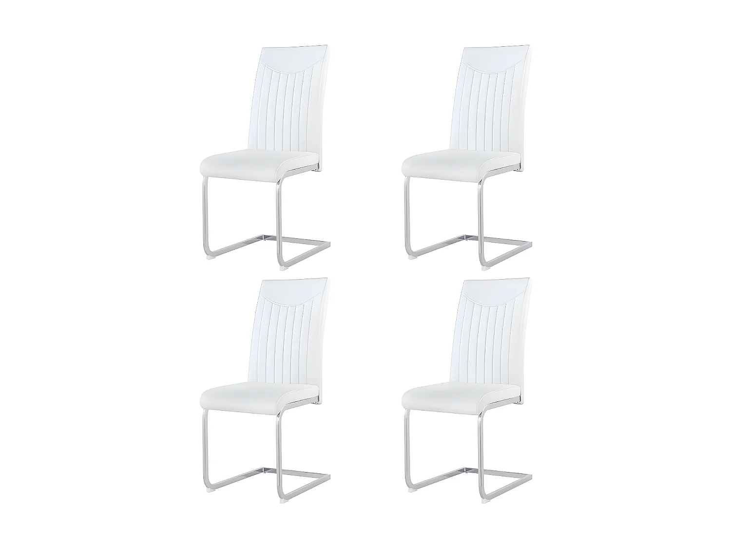 Lot de 4 Chaises cantilever - structure en métal chromé - rembourrées en similicuir - décoration rayée - Blanc