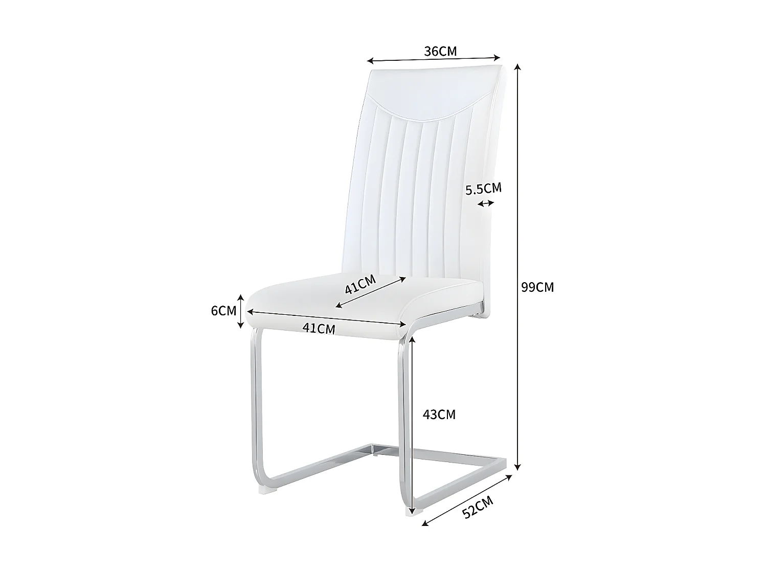 Lot de 4 Chaises cantilever - structure en métal chromé - rembourrées en similicuir - décoration rayée - Blanc