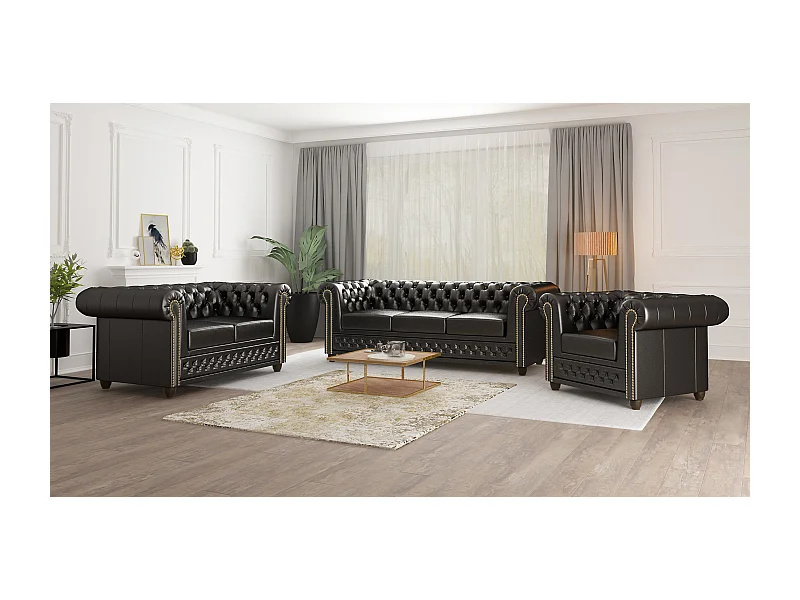 Chesterfield Polstergarnitur 3+2+1 aus veganem Leder mit Holzbeinen - Rex