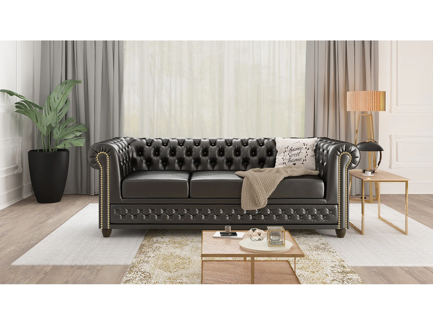 Chesterfield Polstergarnitur 3+2+1 aus veganem Leder mit Holzbeinen - Rex