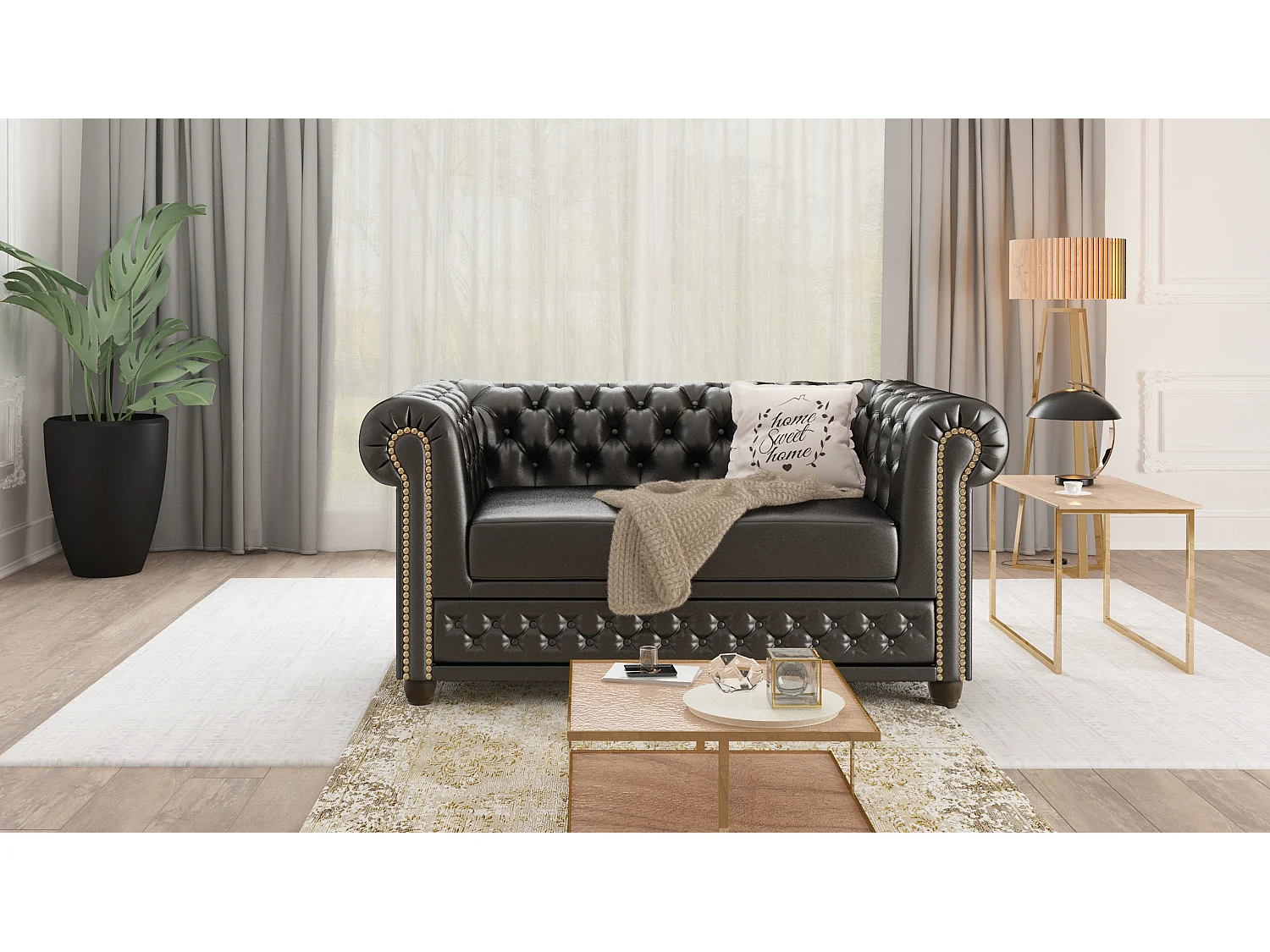 Chesterfield Polstergarnitur 3+2+1 aus veganem Leder mit Holzbeinen - Rex