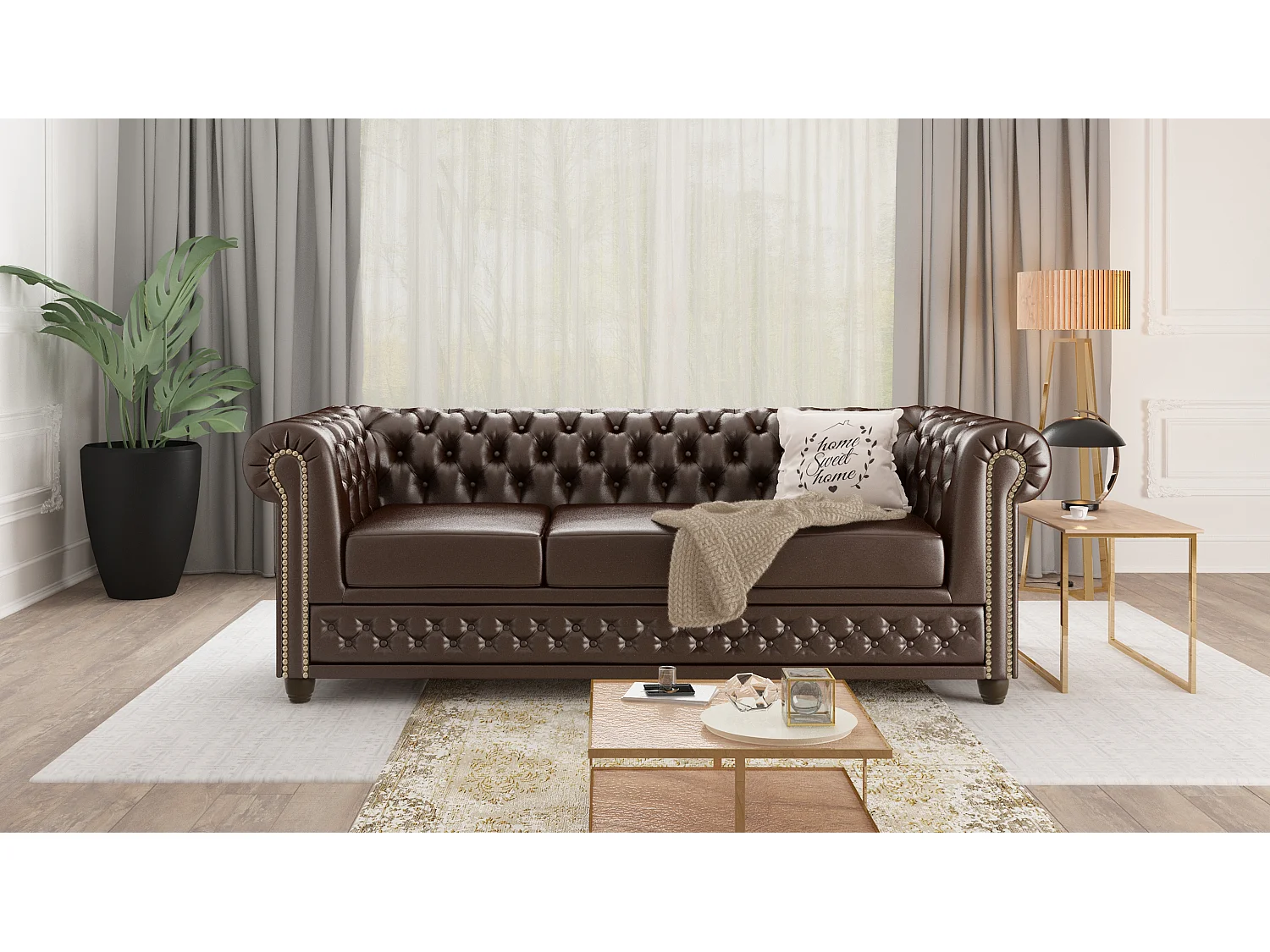 Chesterfield Polstergarnitur 3+2+1 aus veganem Leder mit Holzbeinen - Rex