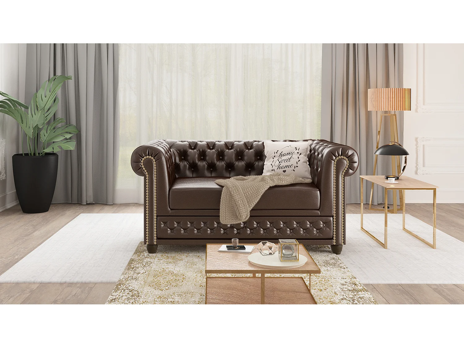 Chesterfield Polstergarnitur 3+2+1 aus veganem Leder mit Holzbeinen - Rex