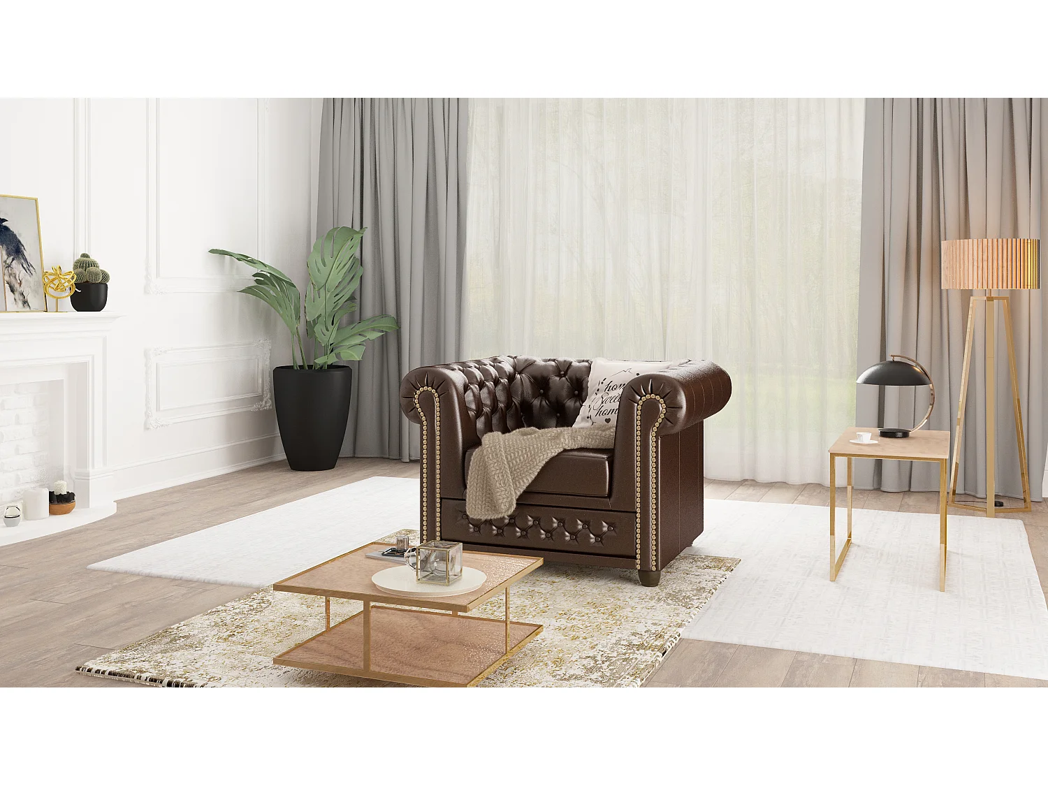 Chesterfield Polstergarnitur 3+2+1 aus veganem Leder mit Holzbeinen - Rex