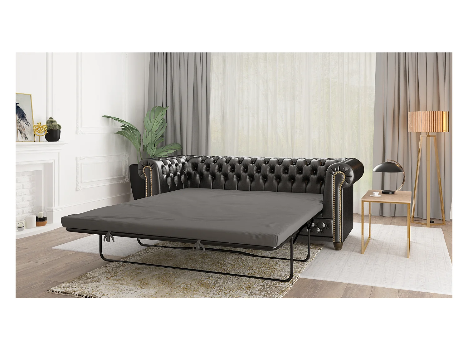 Chesterfield Sofa 3 sitzer mit Schlaffunktion aus veganem Leder mit Holzbeinen - Rex