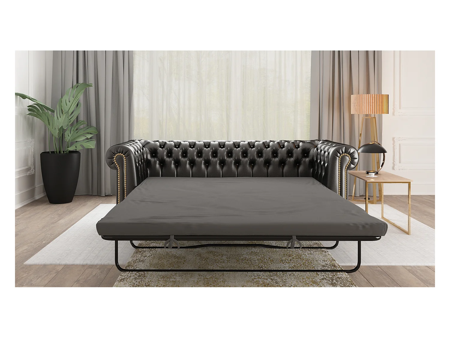 Chesterfield Sofa 3 sitzer mit Schlaffunktion aus veganem Leder mit Holzbeinen - Rex