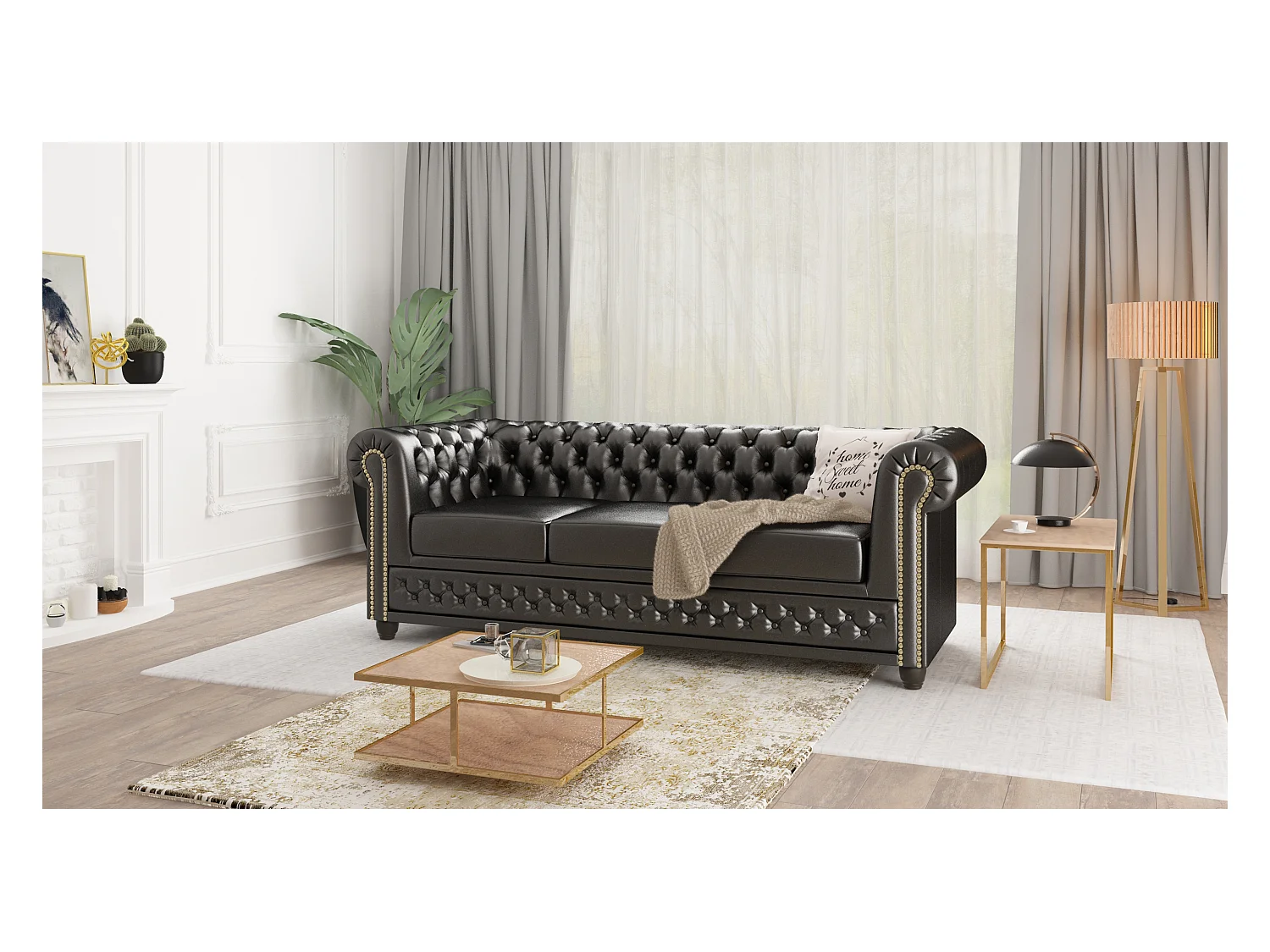 Chesterfield Sofa 3 sitzer mit Schlaffunktion aus veganem Leder mit Holzbeinen - Rex