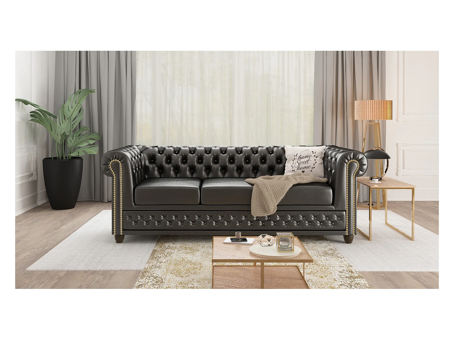 Chesterfield Sofa 3 sitzer mit Schlaffunktion aus veganem Leder mit Holzbeinen - Rex