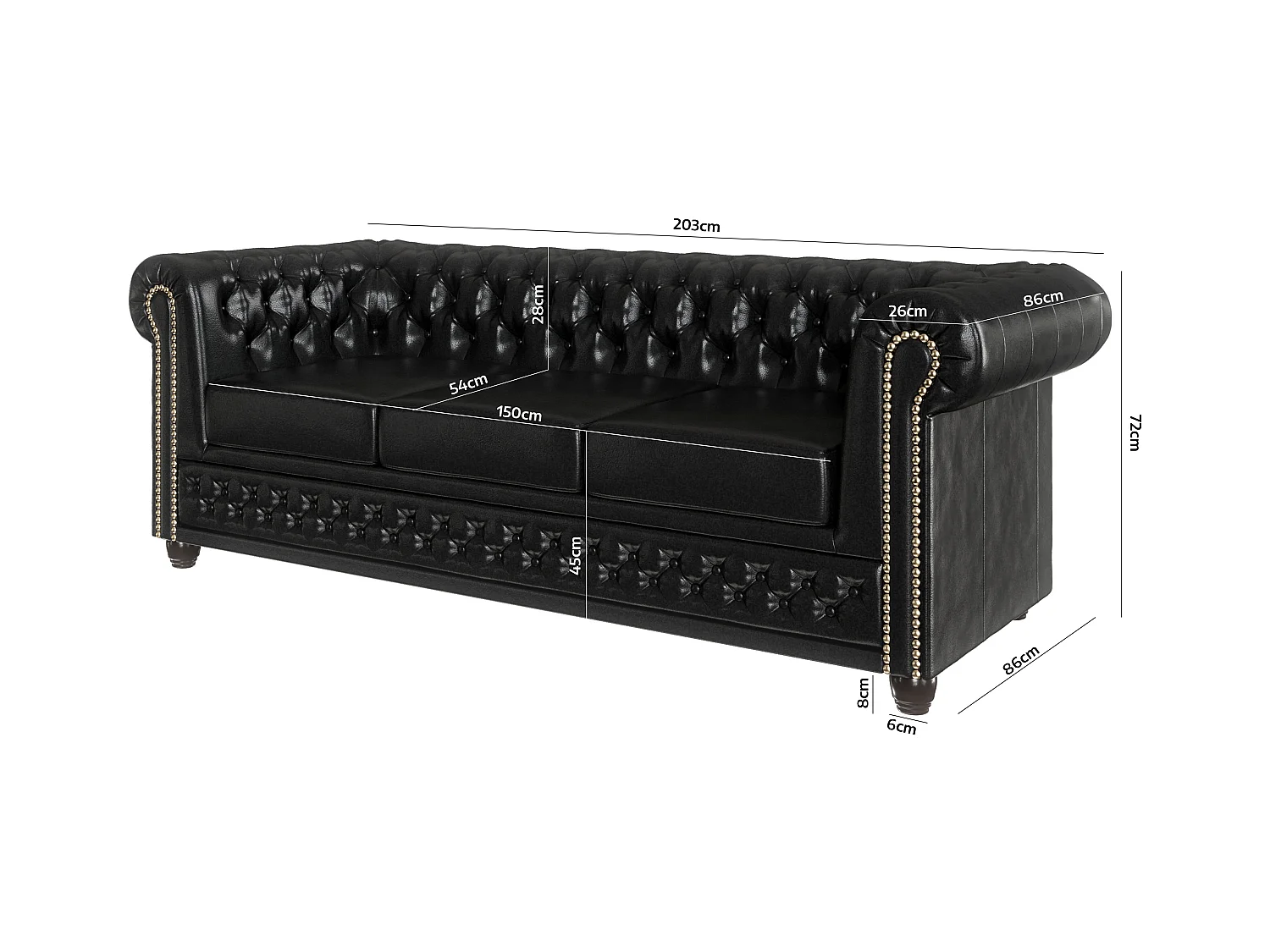 Chesterfield Sofa 3 sitzer mit Schlaffunktion aus veganem Leder mit Holzbeinen - Rex