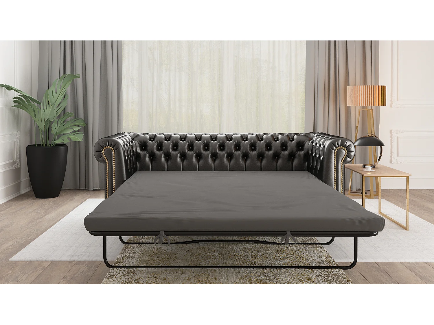Chesterfield Sofa 3 sitzer mit Schlaffunktion aus veganem Leder mit Holzbeinen - Rex