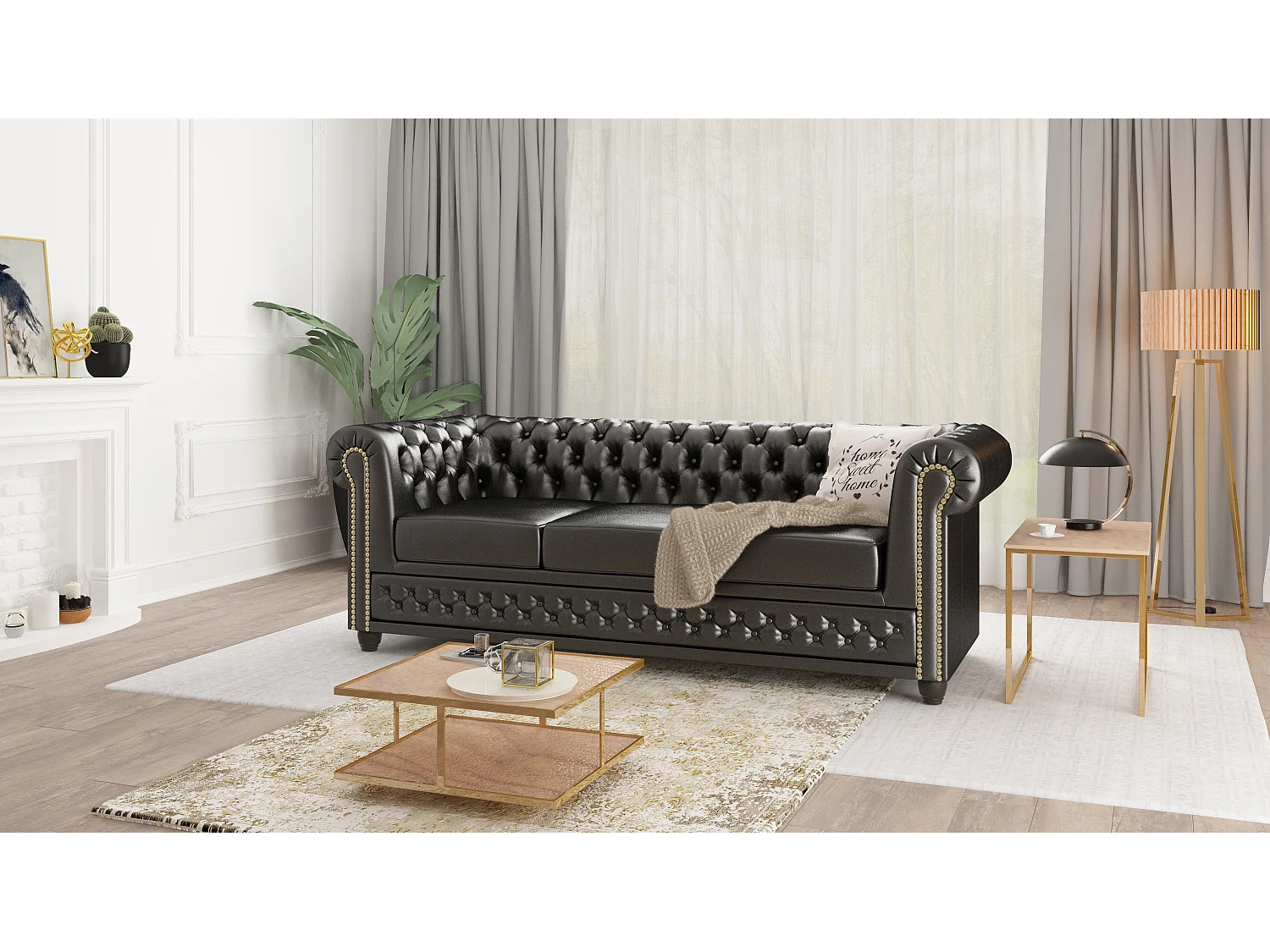 Chesterfield Sofa 3 sitzer mit Schlaffunktion aus veganem Leder mit Holzbeinen - Rex