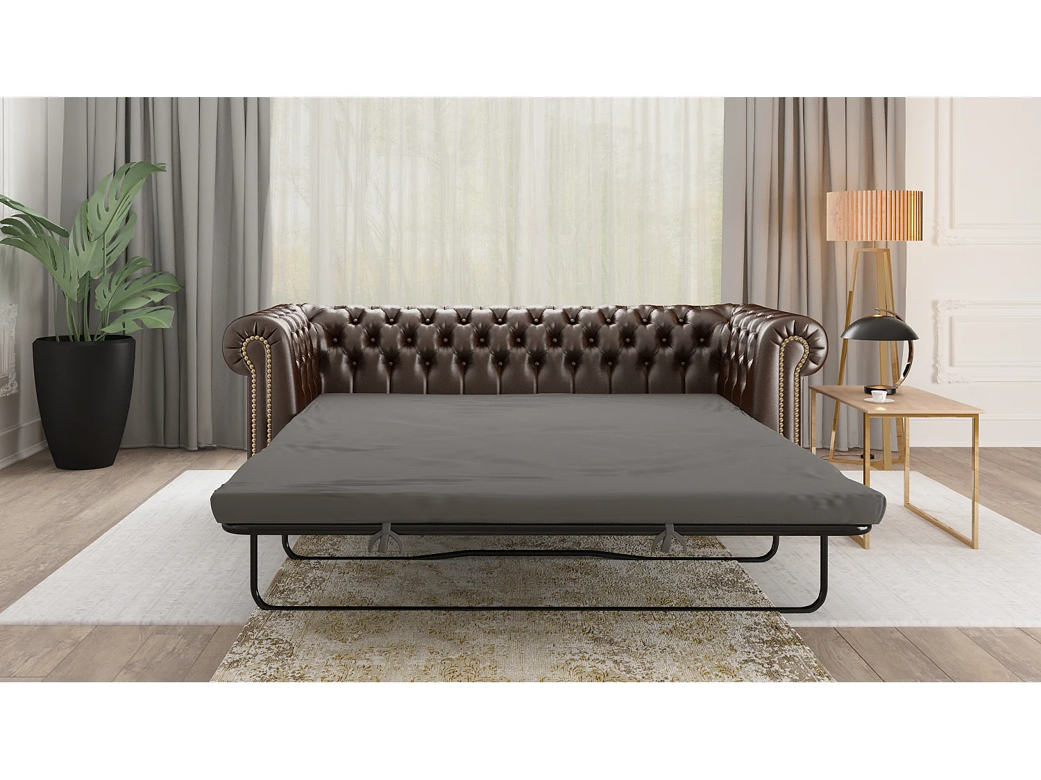 Chesterfield Sofa 3 sitzer mit Schlaffunktion aus veganem Leder mit Holzbeinen - Rex