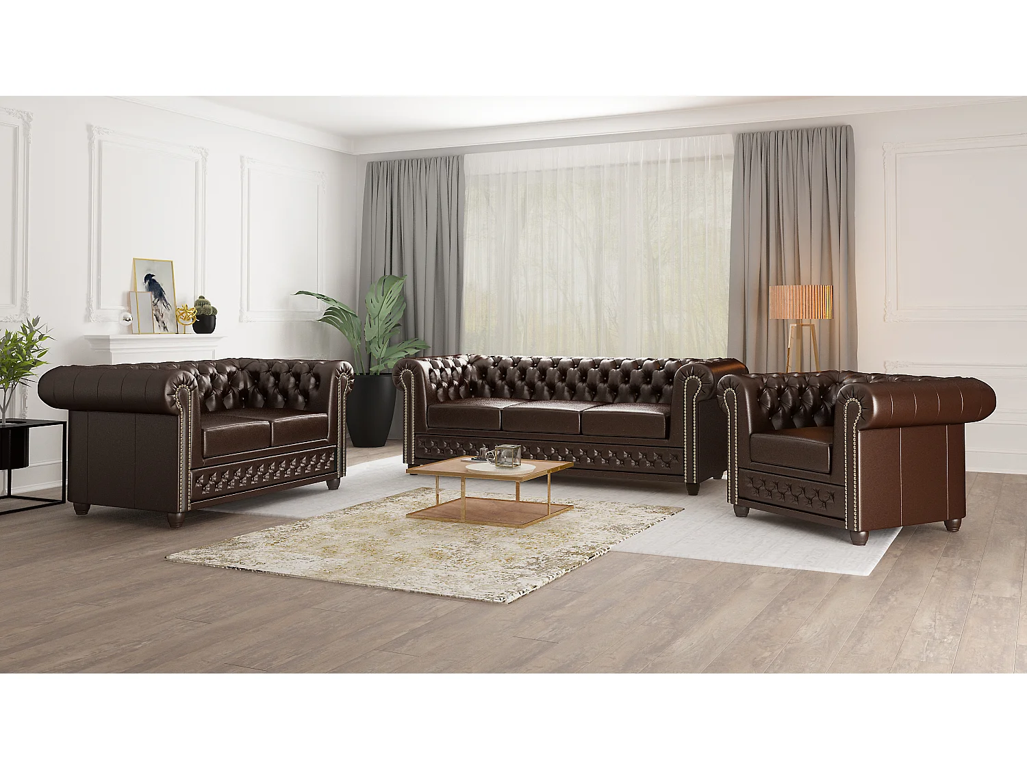 Chesterfield Sofa 3 sitzer mit Schlaffunktion aus veganem Leder mit Holzbeinen - Rex