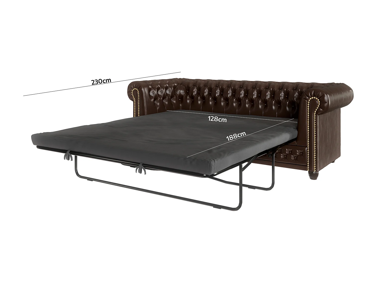 Chesterfield Sofa 3 sitzer mit Schlaffunktion aus veganem Leder mit Holzbeinen - Rex