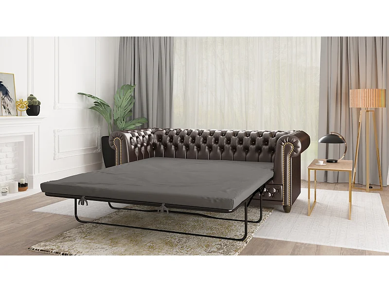Chesterfield Sofa 3 sitzer mit Schlaffunktion aus veganem Leder mit Holzbeinen - Rex