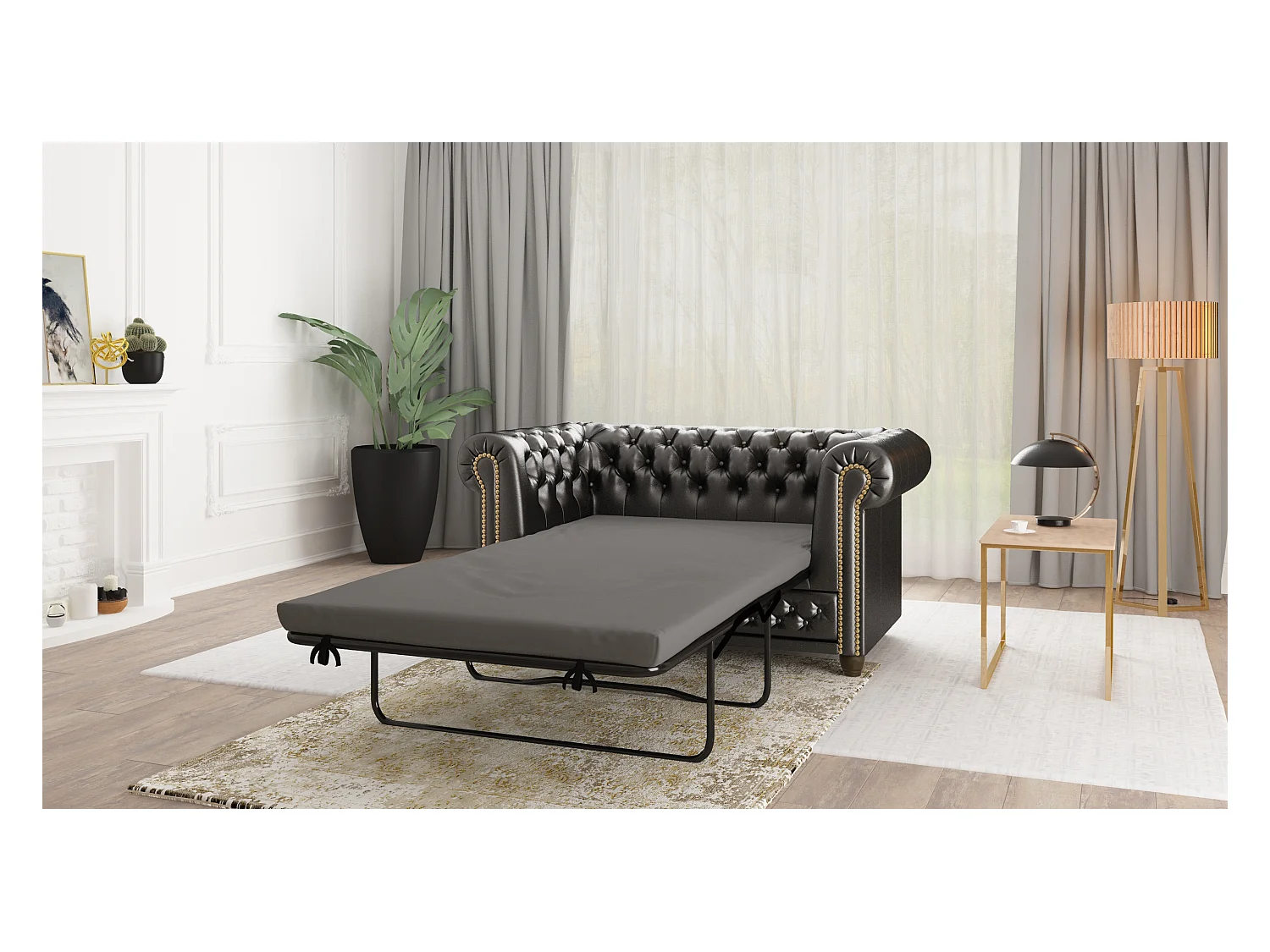Chesterfield Sofa 2 sitzer mit Schlaffunktion aus veganem Leder mit Holzbeinen - Rex
