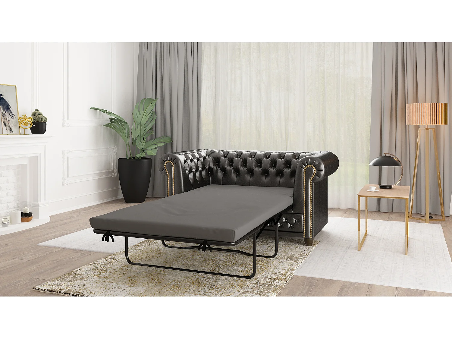 Chesterfield Sofa 2 sitzer mit Schlaffunktion aus veganem Leder mit Holzbeinen - Rex