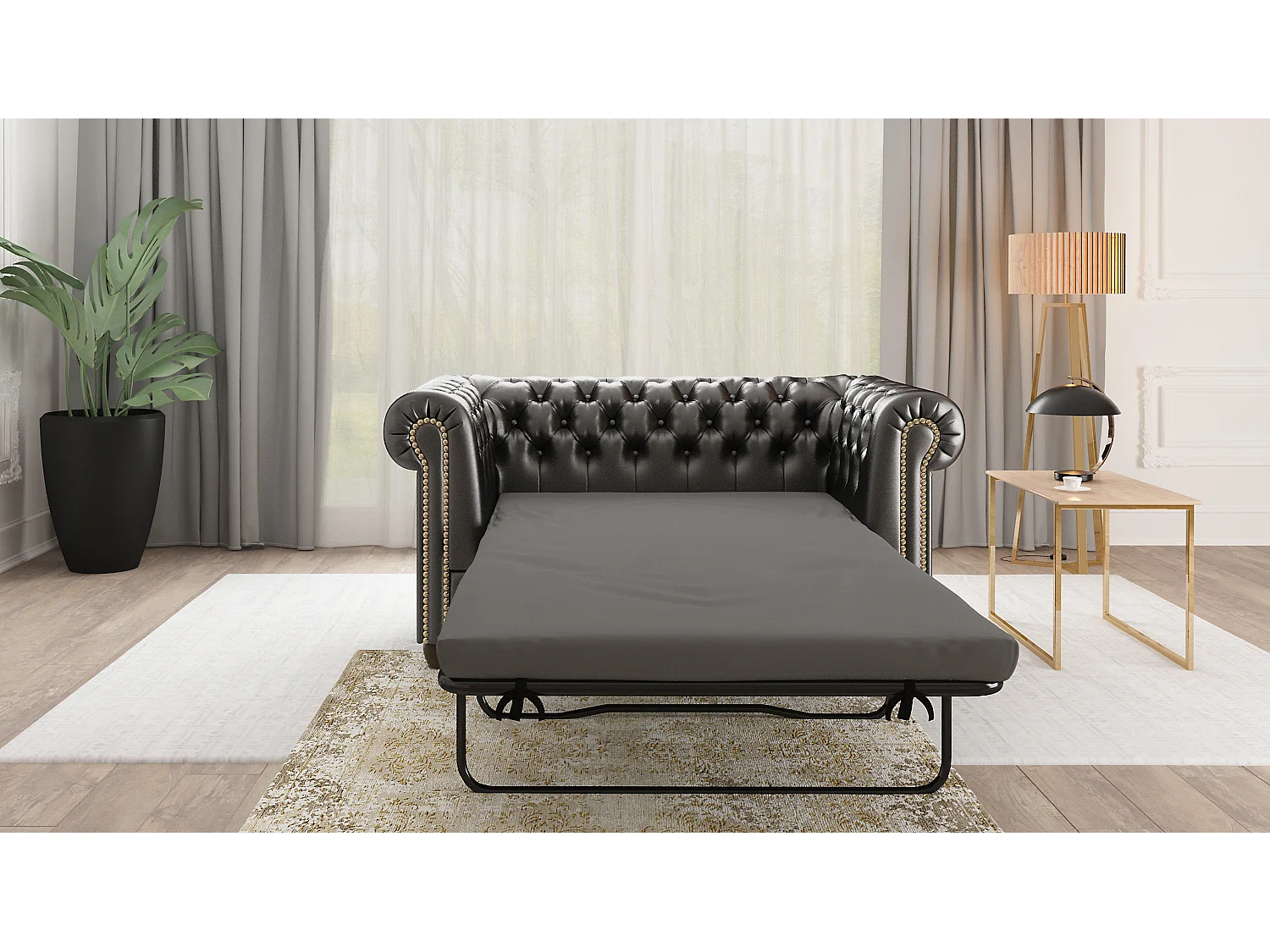 Chesterfield Sofa 2 sitzer mit Schlaffunktion aus veganem Leder mit Holzbeinen - Rex