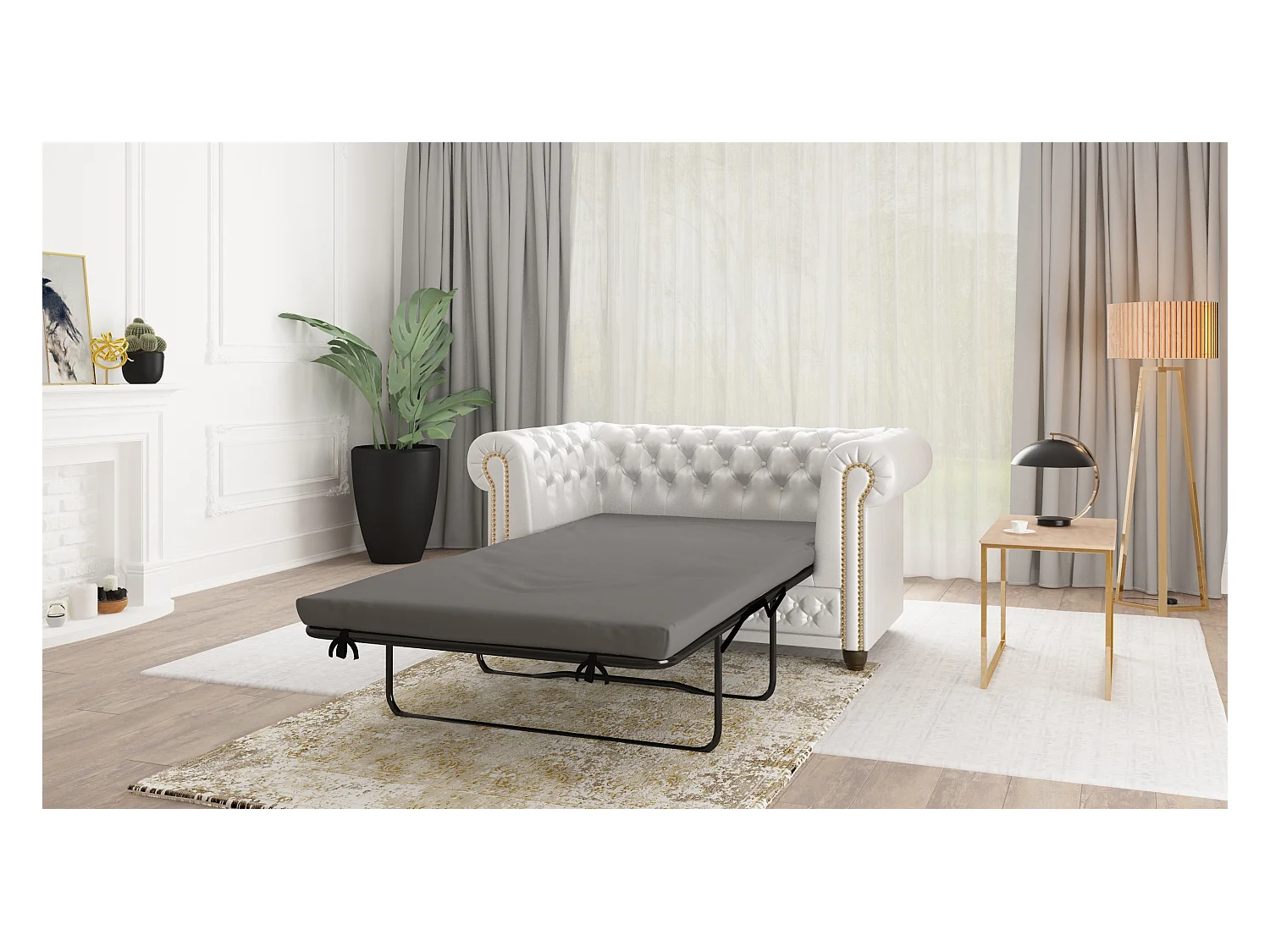 Chesterfield Sofa 2 sitzer mit Schlaffunktion aus veganem Leder mit Holzbeinen - Rex