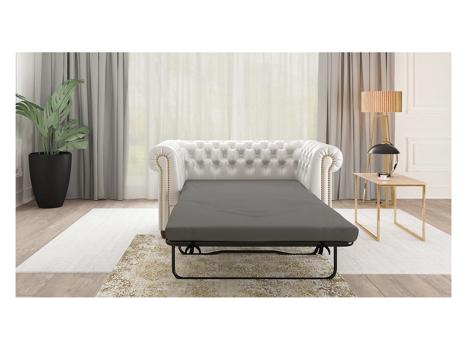 Chesterfield Sofa 2 sitzer mit Schlaffunktion aus veganem Leder mit Holzbeinen - Rex