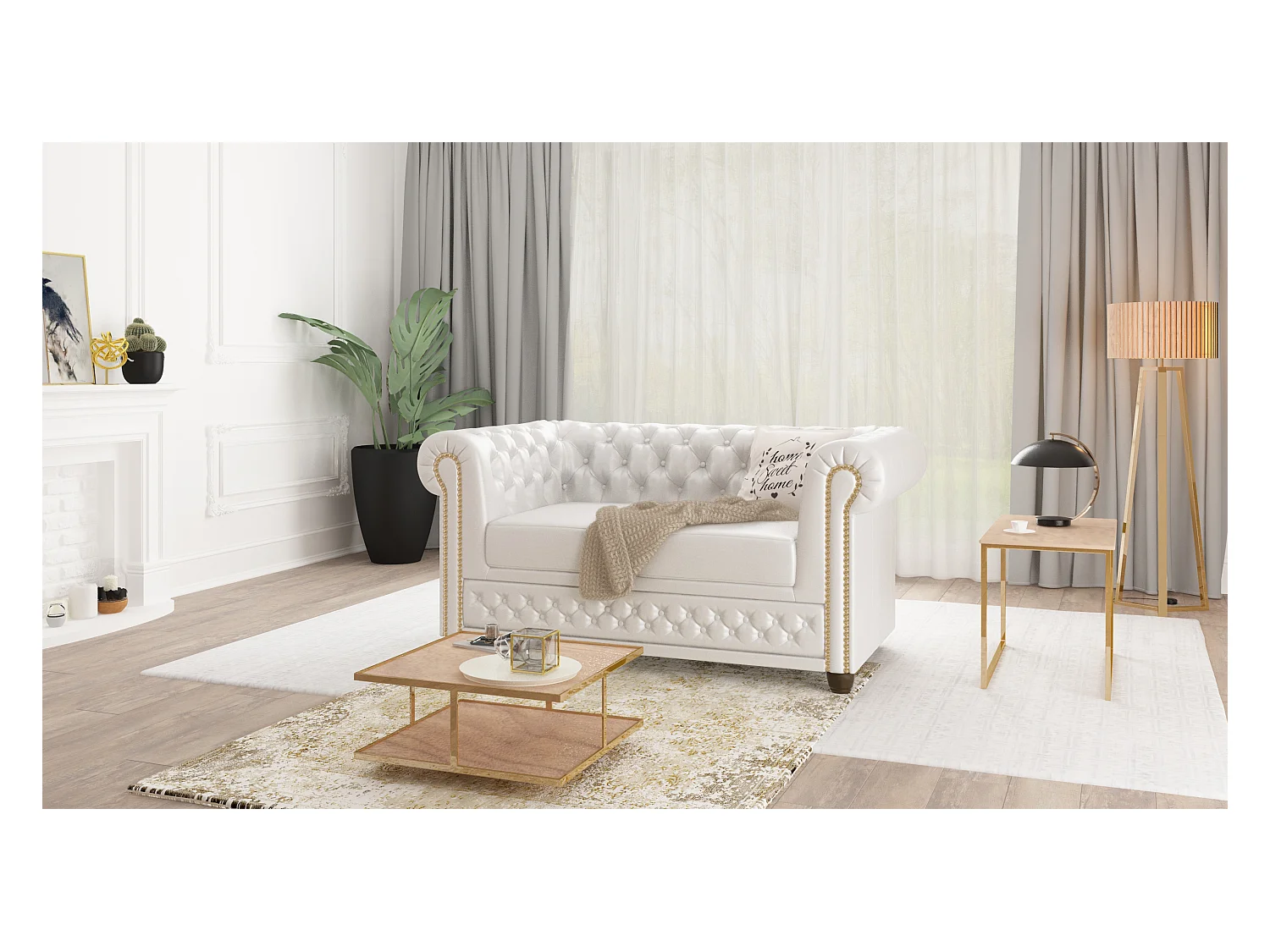 Chesterfield Sofa 2 sitzer mit Schlaffunktion aus veganem Leder mit Holzbeinen - Rex