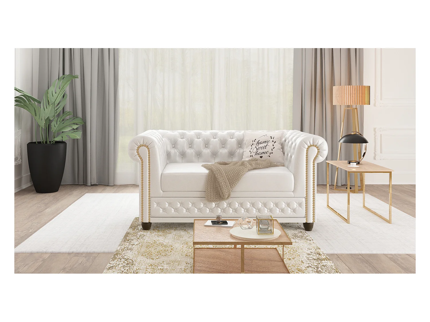 Chesterfield Sofa 2 sitzer mit Schlaffunktion aus veganem Leder mit Holzbeinen - Rex