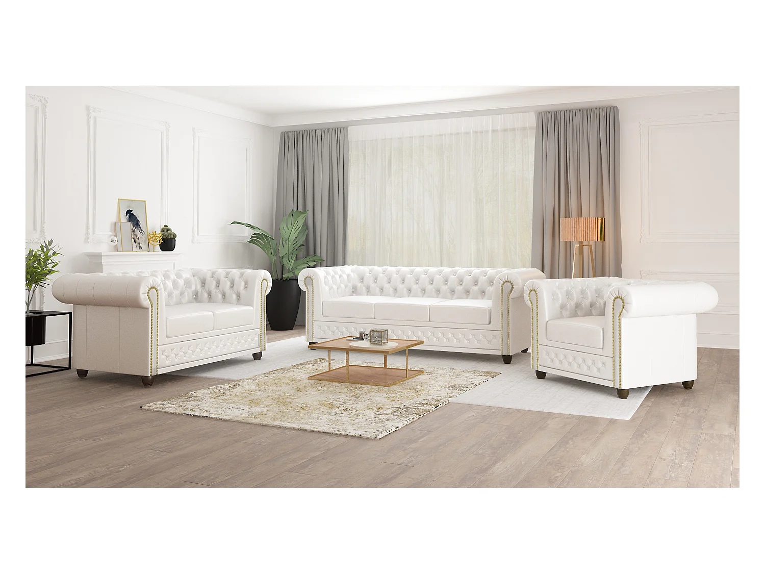 Chesterfield Sofa 2 sitzer mit Schlaffunktion aus veganem Leder mit Holzbeinen - Rex
