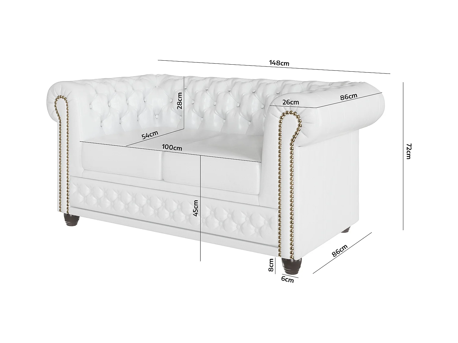 Chesterfield Sofa 2 sitzer mit Schlaffunktion aus veganem Leder mit Holzbeinen - Rex