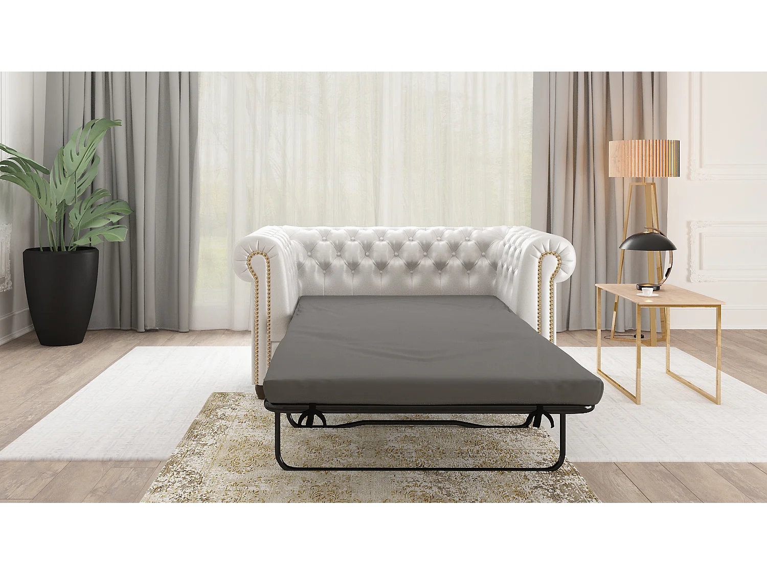 Chesterfield Sofa 2 sitzer mit Schlaffunktion aus veganem Leder mit Holzbeinen - Rex