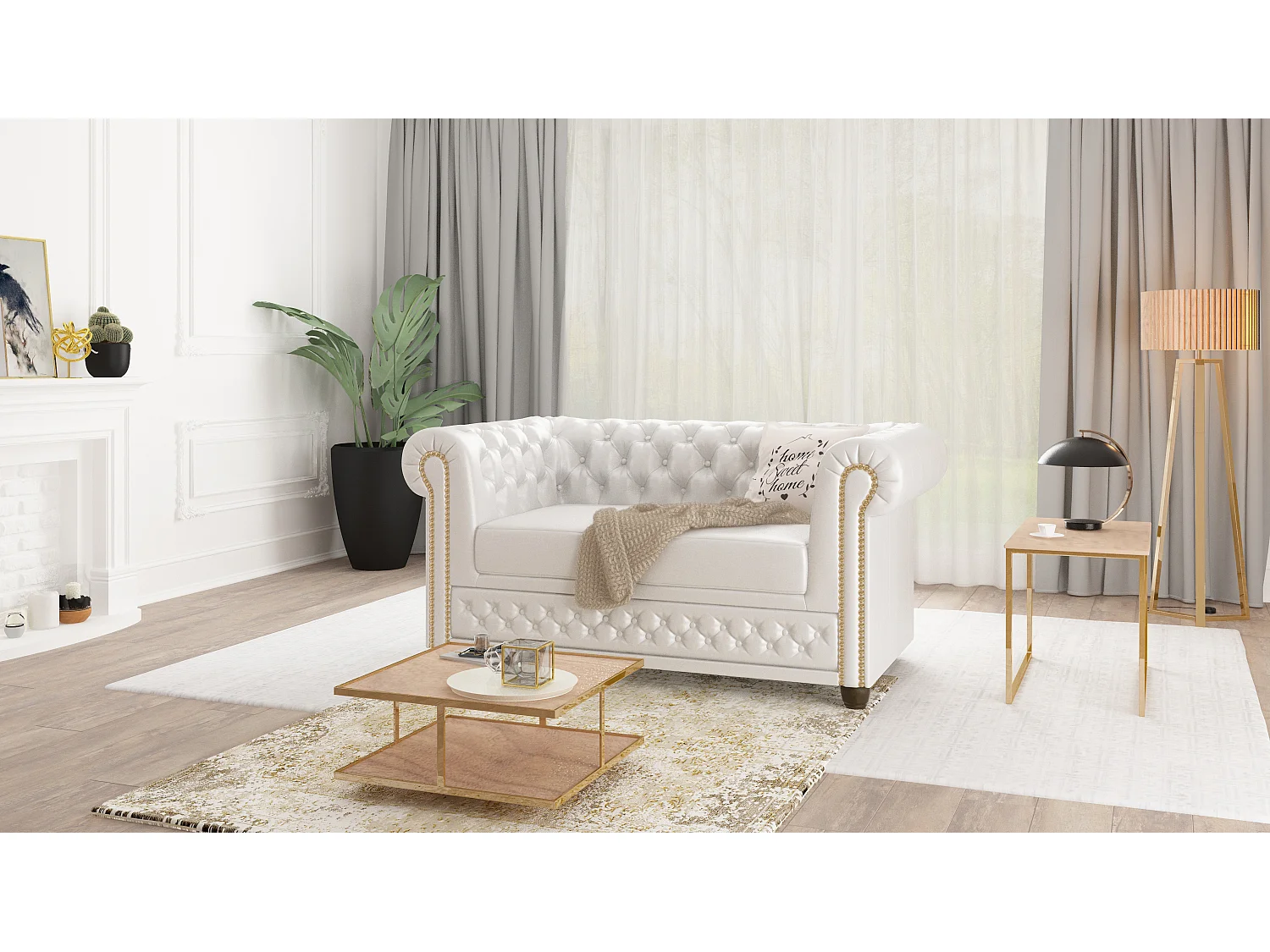Chesterfield Sofa 2 sitzer mit Schlaffunktion aus veganem Leder mit Holzbeinen - Rex