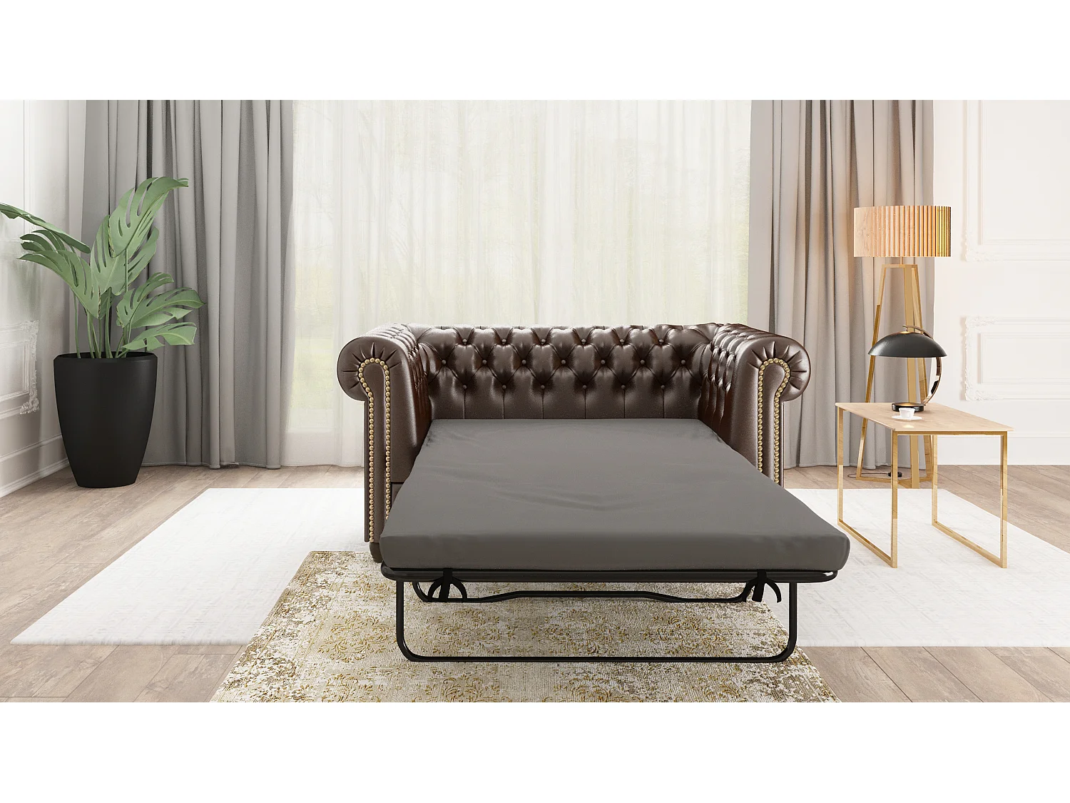 Chesterfield Sofa 2 sitzer mit Schlaffunktion aus veganem Leder mit Holzbeinen - Rex