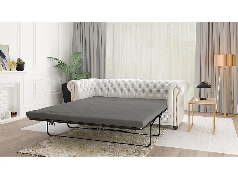 Chesterfield Sofa 3 sitzer mit Schlaffunktion aus veganem Leder mit Holzbeinen - Rex