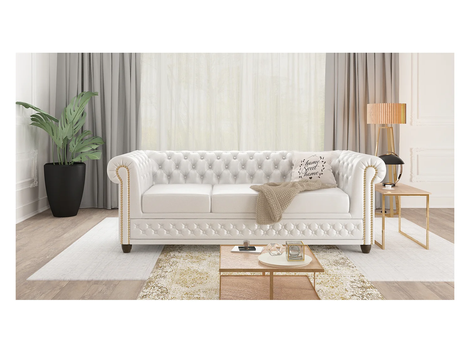 Chesterfield Sofa 3 sitzer mit Schlaffunktion aus veganem Leder mit Holzbeinen - Rex