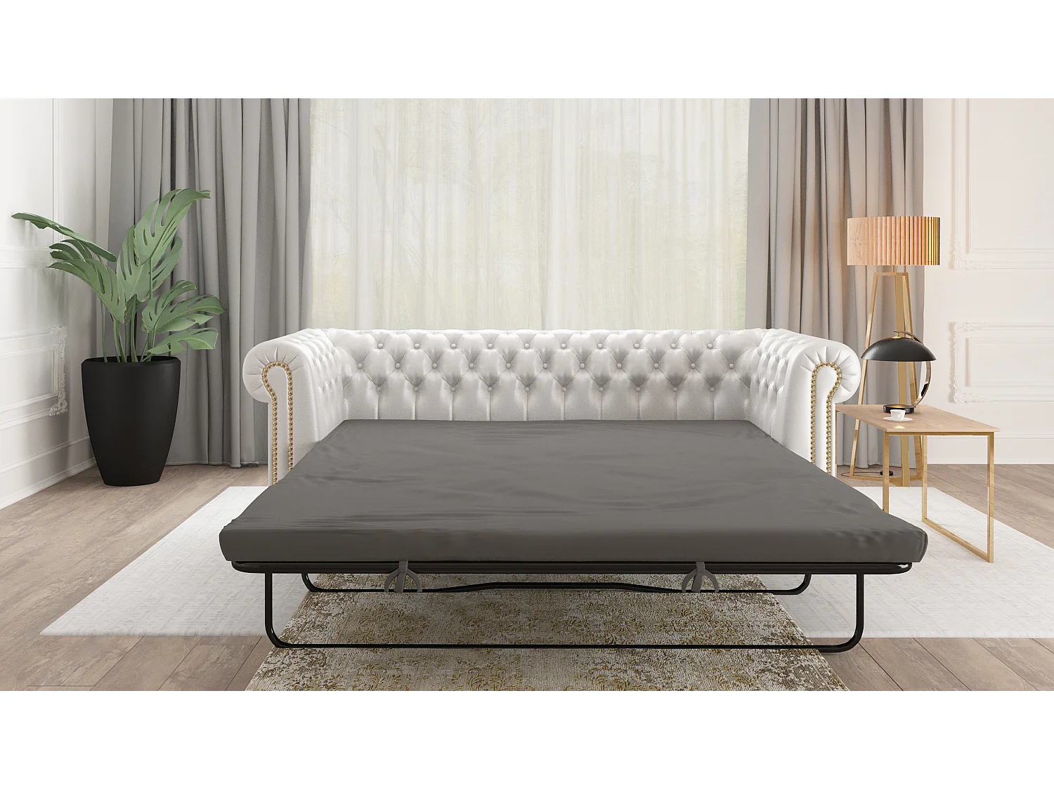 Chesterfield Sofa 3 sitzer mit Schlaffunktion aus veganem Leder mit Holzbeinen - Rex